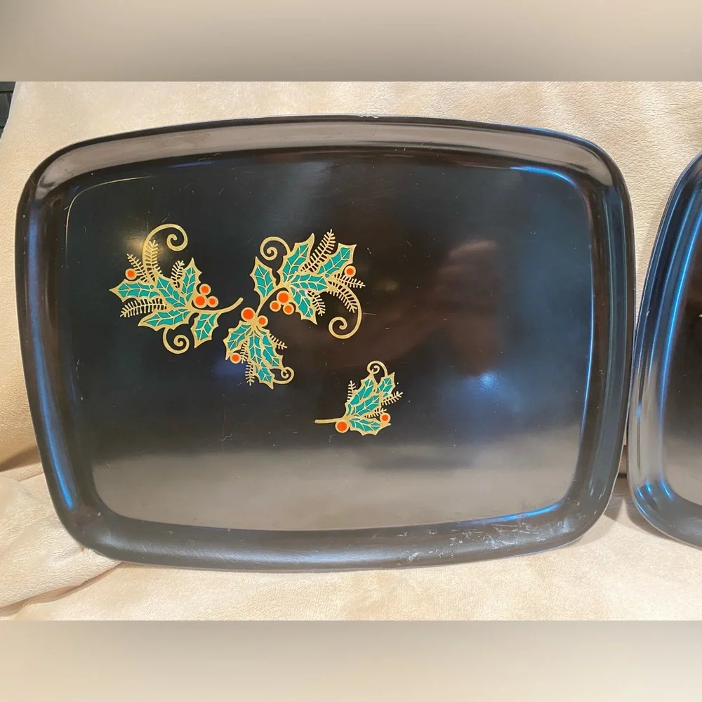 Vintage Couroc Christmas Mouse Inlay Serving Trays Black Lacquer Rectangle